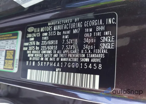 2016 Kia Sorento 2.0T Ex z USA, uszkodzony, nr VIN 5XYPH4A17GG015458